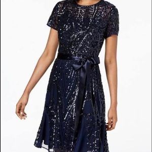 R&M Richards Womens Navy Sequined Mesh Sash Belted